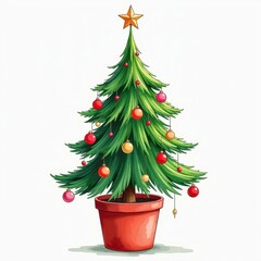 Vibrant Christmas Tree Painting: Green, Red, Gold Decor on White Background. A green Christmas tree with red and gold ornaments in a pot.