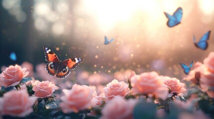 Pink roses and butterflies soft light