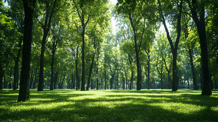 Obraz premium Lush Green Forest Scene with Sunlit Canopy and Dense Trees at Daytime