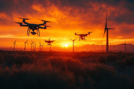 Multiple drones navigate the vibrant sunset sky, flying above a landscape dotted with wind turbines, showcasing the merging of technology and nature Generative AI