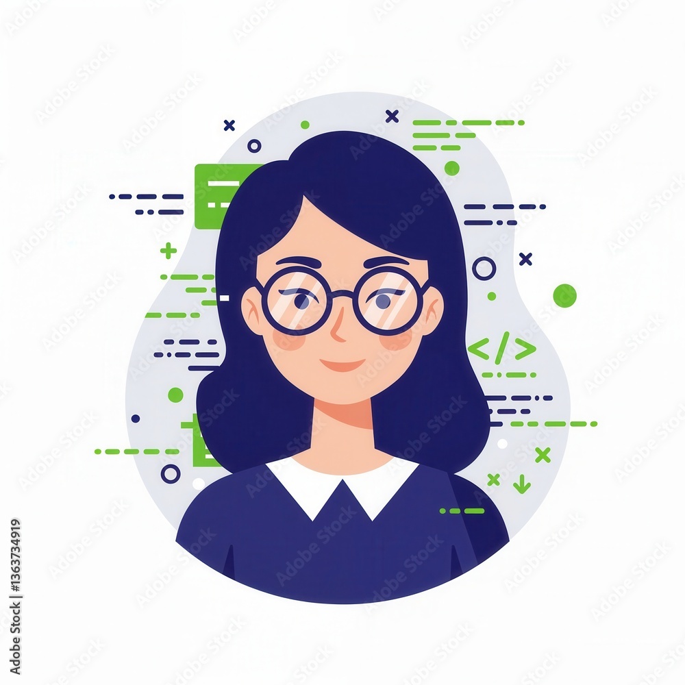 Wall mural female programmer cartoon with glasses and code elements for tech design or blog
