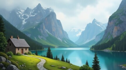 Idyllic house by lake in mountain valley