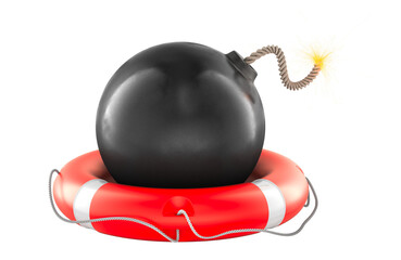 Black round bomb with burning fuse inside lifebelt, 3D rendering isolated on transparent background