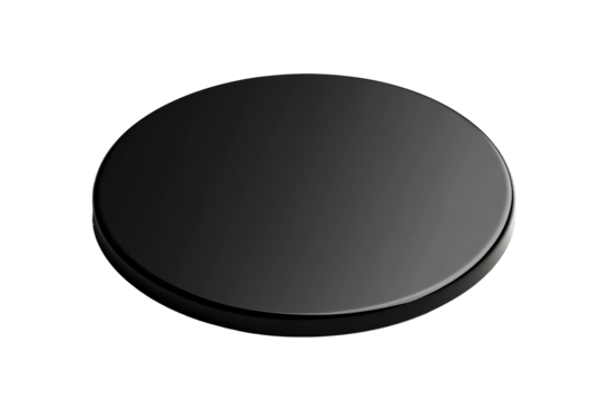 Shiny black round badge design on black background, cut out transparent