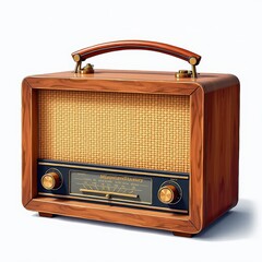 Vintage Wooden Radio Display on Clean White Background. A wooden radio with a rattan cover on a white background.