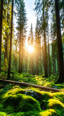 Fototapeta premium Sunlit forest path with moss-covered ground and tall trees