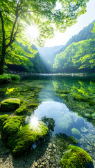 Obraz premium Sunlit forest river reflecting lush greenery