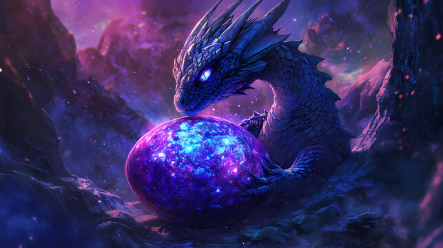 Magical dragon hatching from an iridescent egg with cosmic colors in a fantasy realm. Cosmic Hatchery. Illustration