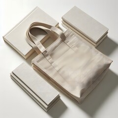 Minimalist Still Life: Beige Tote Bag & Coordinated Beige Books on White Surface