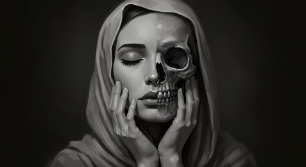 A black and white digital illustration of a woman with a headscarf. Half of her face is human, while the other half is a skull. The woman has her eyes closed and her hands resting on her cheeks. The i