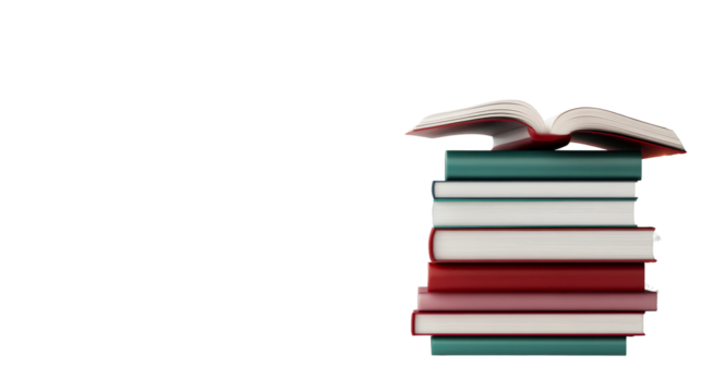 Stack of colorful books with an open book on top, cut out transparent