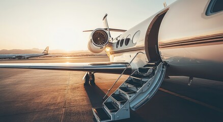 Luxury jet at sunrise on tarmac with open door and stairs