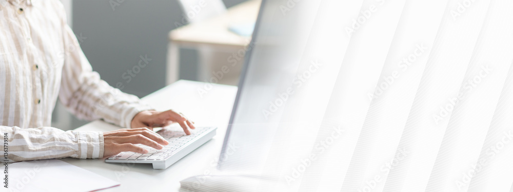 Poster unrecognizable woman employee working on computer at desk in office, cropped image of lady typing on