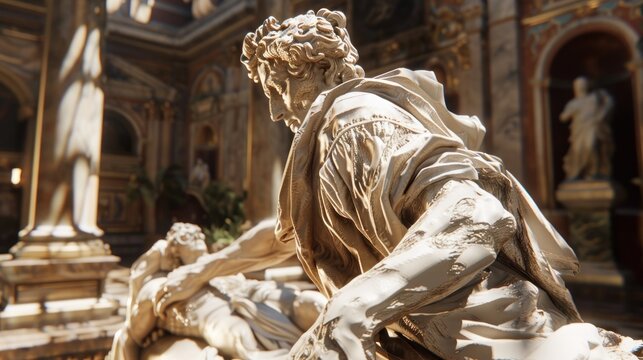 Classical Sculpture in Grand Interior Detailed Marble Statue Artistic Representation of Human