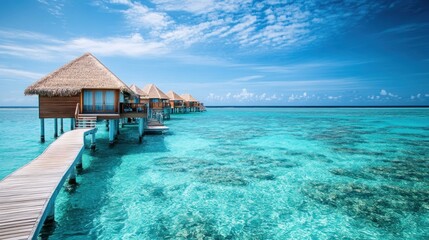 Idyllic Overwater Bungalows in the Maldives with Clear Turquoise Waterscape View