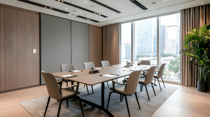 Modern Meeting Room with Table Chairs and a City View Featuring Natural Light and Contemporary Interior Design