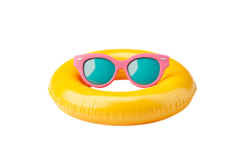 Pink sunglasses on yellow float with teal lenses, cut out transparent