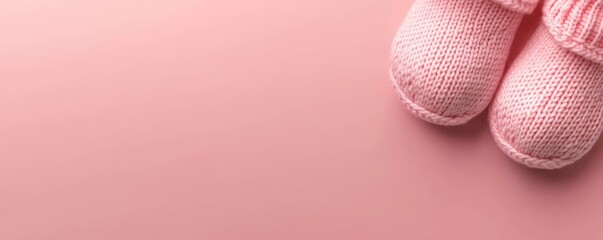 Pink baby booties on pink background.  Newborn arrival announcement