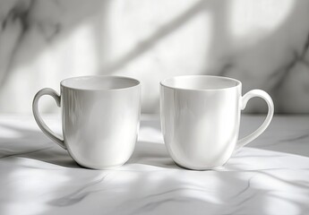 Two plain white mugs on marble