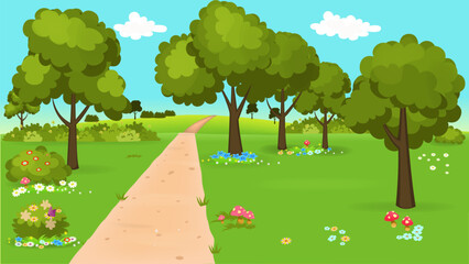 Colorful forest background, big green trees, bright flowers in the clearing. Vector illustration