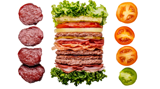 Unassembled burger elements, transparent background, ingredients, cut out transparent