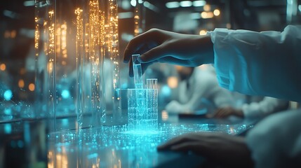 Fototapeta premium Scientist Using Pipette in Laboratory, A scientist wearing gloves uses a pipette to transfer liquid into test tubes in a laboratory setting