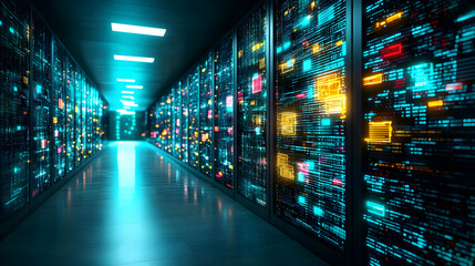 Obraz premium Futuristic Server Room Corridor With Glowing Panels