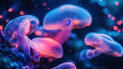 Obraz premium Colorful glowing mushrooms illuminate a dark environment in an underwater setting showcasing vibrant marine life