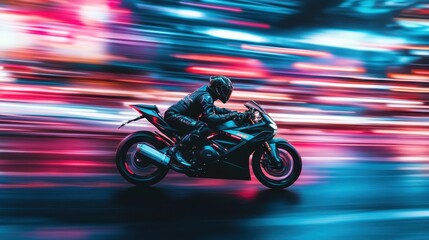 Motorcyclist speeds through neon-lit city streets at night showcasing thrill and freedom of urban riding