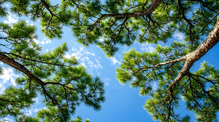 Obraz premium Looking Up Through Oak Tree Branches With Lush Green Leaves Against Blue Sky and Sunlight