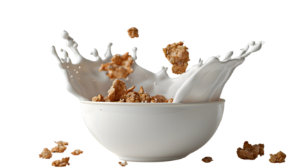 Dynamic Splash of Milk and Crunchy Cereal in a Bowl Capturing the Moment of Impact for Food Ph