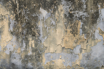 An aged plaster wall with peeling paint and deep cracks, revealing layers beneath. The rough texture and muted tones evoke a sense of decay, imperfection, and rustic charm.