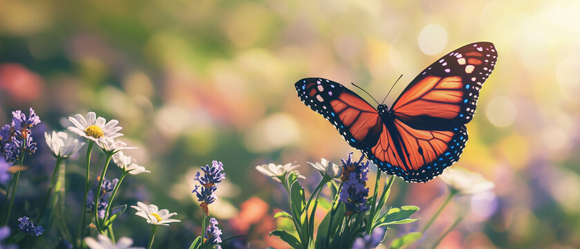 Papillon color&eacute; sur fleur sauvage au soleil printanier