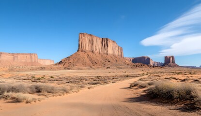 Majestic sandstone formations rise against a brilliant blue sky in the heart of the American southwest during a sunny afternoon