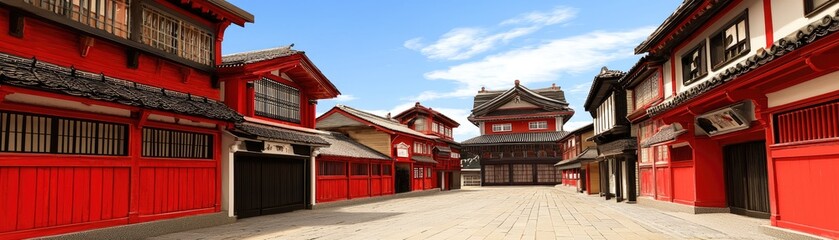 Fototapeta premium Red Japanese street, sunny day, historical buildings, travel