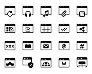 Glyph icons set for Webpages, websites, browser, window.