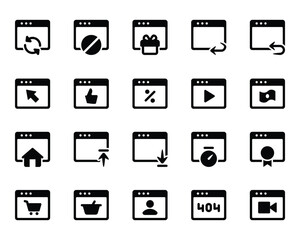 Glyph icons set for Webpages, websites, browser, window.