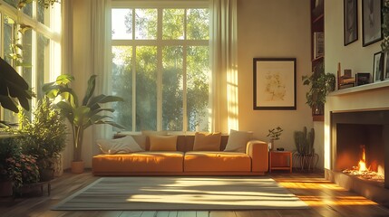 Fototapeta premium A sunlit living room with plants and a cozy fireplace