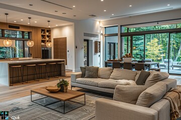A modern open-concept living room with light wooden floors, contemporary neutral-toned furniture, and statement lighting, creating a serene and spacious environment,