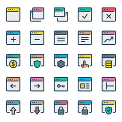 Filled outline icons set for Webpages, websites, browser, window.