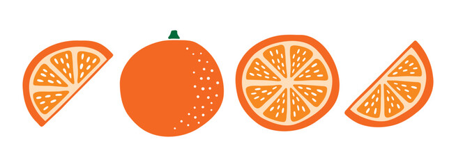 Orange slice and whole cute colorful fruit doodle hand drawn icon. Color drawing orange line clipart symbol