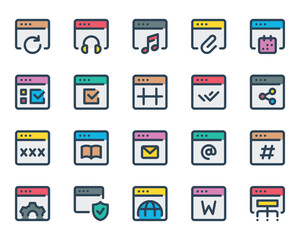 Filled outline icons set for Webpages, websites, browser, window.
