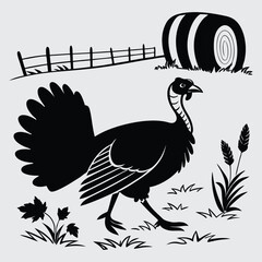A turkey walking in a barnyard image silhouette design vector art and illustration