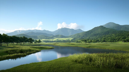 Panoramic View Of Lush Green Landscape With Mountains River And Blue Sky