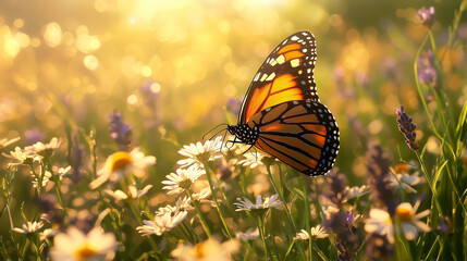 Naklejka premium Papillon coloré sur fleur sauvage au soleil printanier