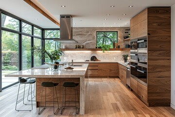 A spacious modern kitchen with a blend of warm wood tones and cool stone surfaces, featuring a large island, built-in appliances, sleek handles, and a functional layout with open shelving 