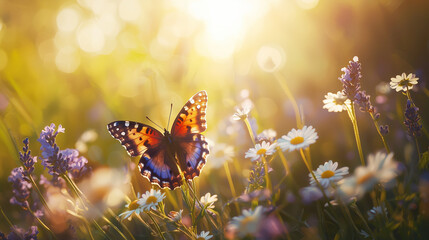 Papillon coloré sur fleur sauvage au soleil printanier