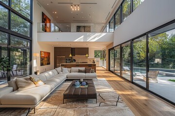 A spacious, open-concept modern living room with high ceilings, large glass windows, a simple sectional sofa, and a contemporary abstract art piece as a focal point,