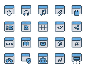 Filled blue outline icons set for Webpages, websites, browser, window.