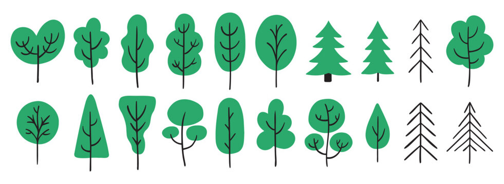 different trees hand drawn doodle painted colorful green trees. Summer forest trees cartoon drawing kids cute elements.